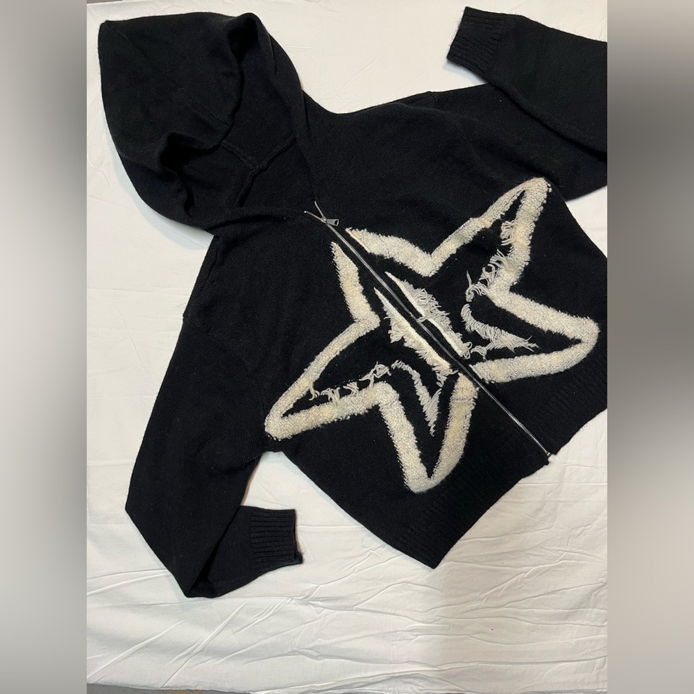 Cider Curve Star Distressed Zip Hoodie Sweater Black 0XL  Y2K